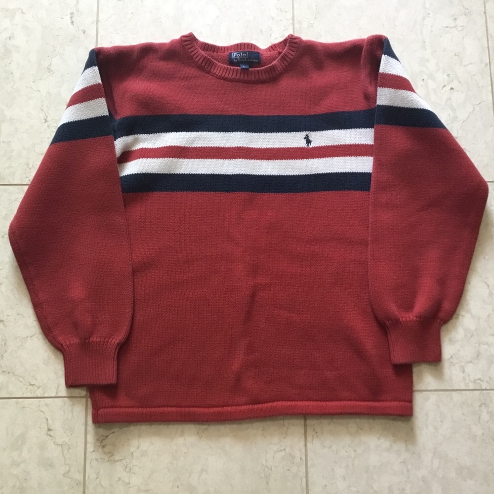 RALPH LAUREN POLO red navy stripe Logo cotton sweater L 14